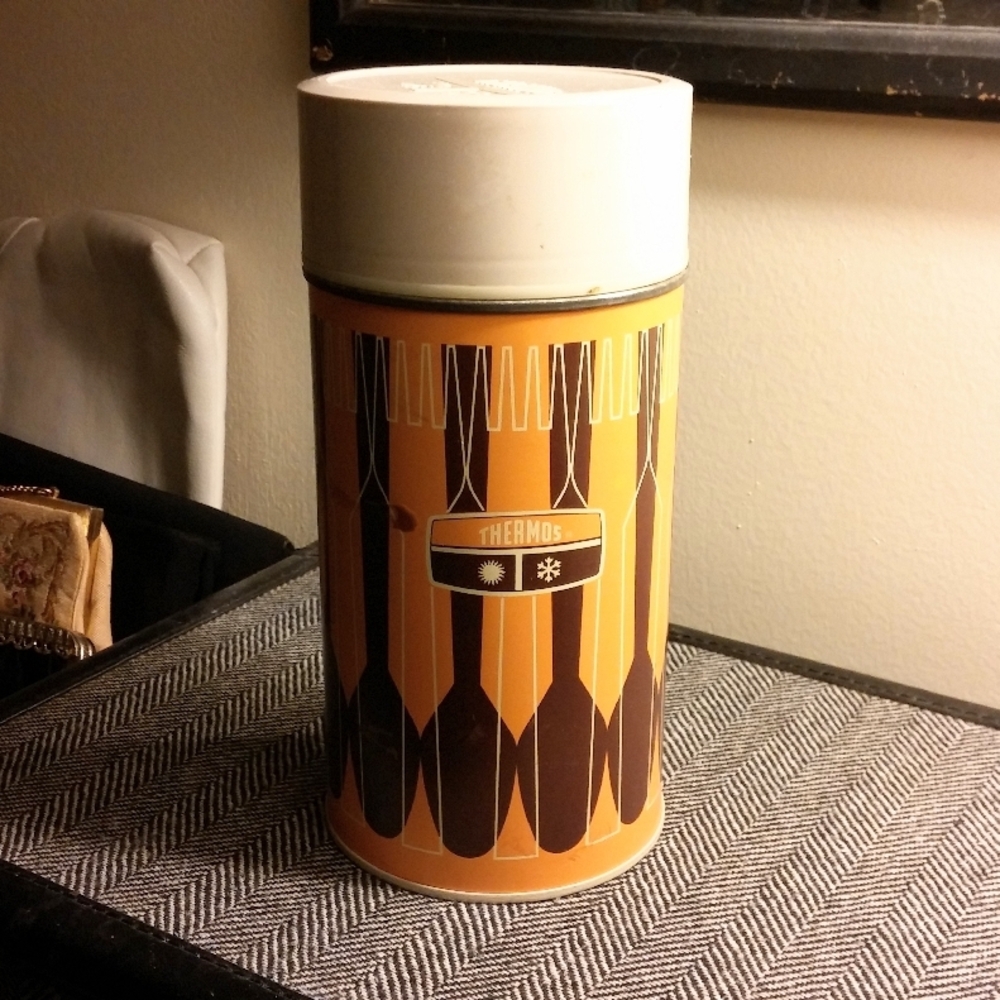 Vintage MCM King-Seely Thermos Hot Cold Storage 1971 Graphics Orange and Brown
